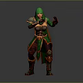 Woman In Green Hooded Cloak And Red Green Outfit With Armor Elements In Combat Stance