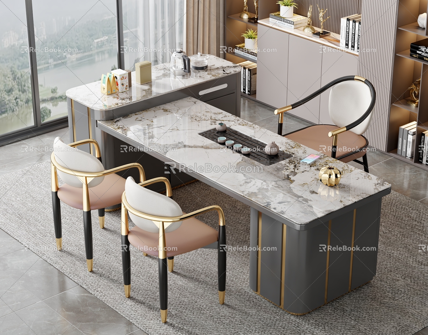 Modern Light Luxury Marble Tea Table and Chair Combination Tea Table Rock Plate Tea Table Tea Table Tea Tray Tea Set Backrest Chair Sofa Stool 3d model