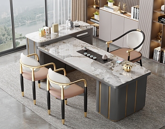 Modern Light Luxury Marble Tea Table and Chair Combination Tea Table Rock Plate Tea Table Tea Table Tea Tray Tea Set Backrest Chair Sofa Stool 3d model