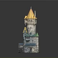 Cartoon Style Fantasy Tower Scene With Golden Spire Multiple Floors And Stone Walls