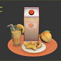 Fresh Peach Juice Carton With Glass Of Juice Straw And Sliced Peaches On Plate