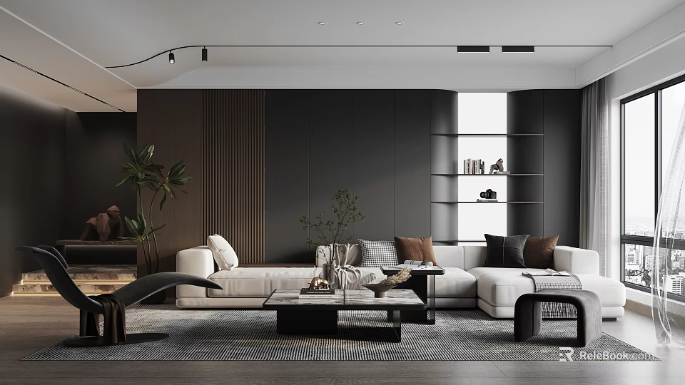 Modern Living Room Interior With White Sofa Brown Cushions Green Plants And Black Coffee Table 3d model 