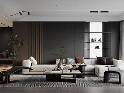 Modern Living Room Interior With White Sofa Brown Cushions Green Plants And Black Coffee Table 3d model