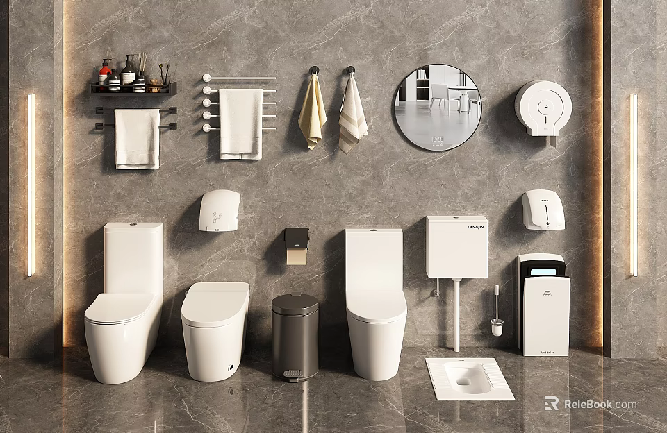 Modern Bathroom Interior With Different Toilets Towel Racks Mirror Trash Bin And Toilet Paper Holder 3d model 