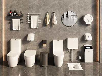 Modern Bathroom Interior With Different Toilets Towel Racks Mirror Trash Bin And Toilet Paper Holder 3d model