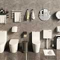 Modern Bathroom Interior With Different Toilets Towel Racks Mirror Trash Bin And Toilet Paper Holder