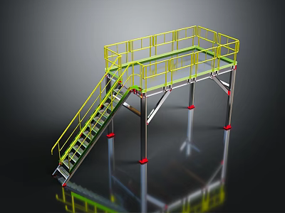 Industrial Metal Platform with Yellow Safety Railings Staircase and Red Support Legs 3d model