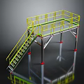 Industrial Metal Platform with Yellow Safety Railings Staircase and Red Support Legs