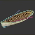 Blue and White Wooden Boat with Wooden Oars and Wooden Interior Seats
