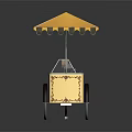 Vintage Yellow Wheeled Food Cart With Decorative Canopy And Display Window