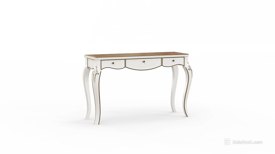 Classic White Dressing Table With Curved Legs And Light Wooden Top 3d model 