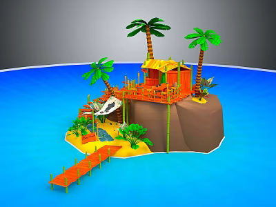 Tropical Island Scenery With Blue Water Palm Trees Orange Hut And Wooden Dock 3d model