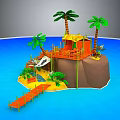 Tropical Island Scenery With Blue Water Palm Trees Orange Hut And Wooden Dock