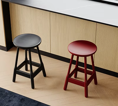 Modern Kitchen Interior With Black And Red Bar Stools And Wooden Cabinets 3d model