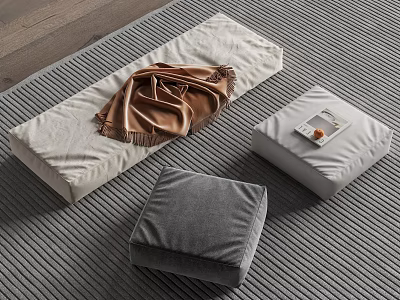 Modern Home Setup With Gray Cushions Brown Blanket And Striped Rug 3d model