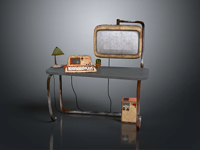 Vintage Office Desk With Table Lamp Radio Old TV Set Dark Tabletop And Metal Legs 3d model