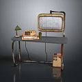 Vintage Office Desk With Table Lamp Radio Old TV Set Dark Tabletop And Metal Legs