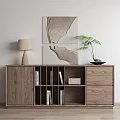 Modern Walnut Console Cabinet With Open Shelves Decorative Artwork Table Lamp And Green Plant