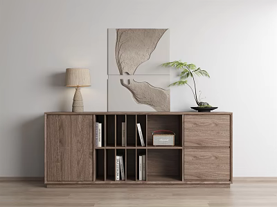 Modern Walnut Console Cabinet With Open Shelves Decorative Artwork Table Lamp And Green Plant 3d model