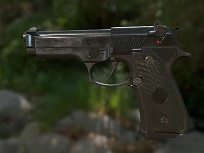 Black Pistol With Textured Grip And Metal Components In Outdoor Natural Green Setting 3d model