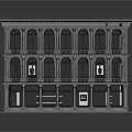 Classical Multi Story Building With Gray Exterior Balconies Ground Floor Storefronts And Black Roof