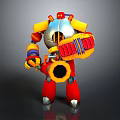 Colorful Mechanical Robot Character With Red Yellow Blue Metallic Body And Arm Tool