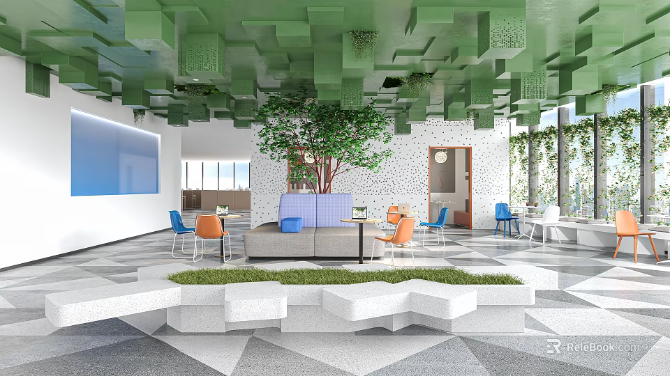 Casual Lounge Interior With Green Ceiling Central Tree Blue Sofa Orange Chairs And Geometric Floor 3d model 
