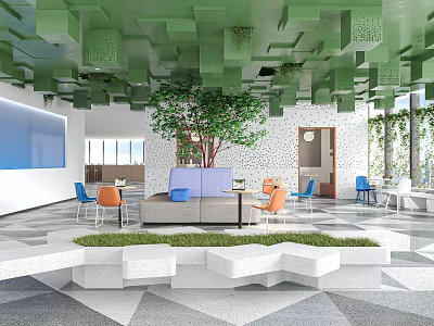Casual Lounge Interior With Green Ceiling Central Tree Blue Sofa Orange Chairs And Geometric Floor 3d model