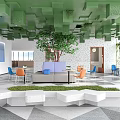 Casual Lounge Interior With Green Ceiling Central Tree Blue Sofa Orange Chairs And Geometric Floor