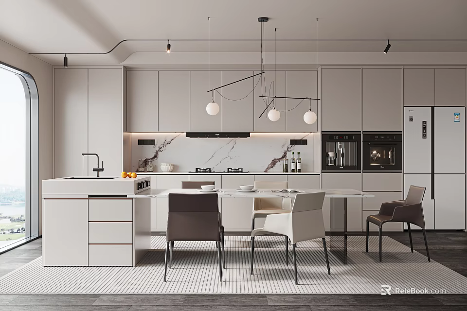 Modern Restaurant Open Kitchen Interior With Dining Table And Pendant Lights 3d model