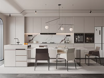 Modern Restaurant Open Kitchen Interior With Dining Table And Pendant Lights 3d model