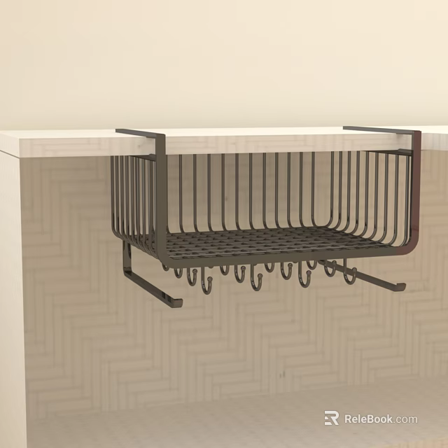 Hanging Metal Storage Shelf With Hooks Under White Counter For Organizing 3d model