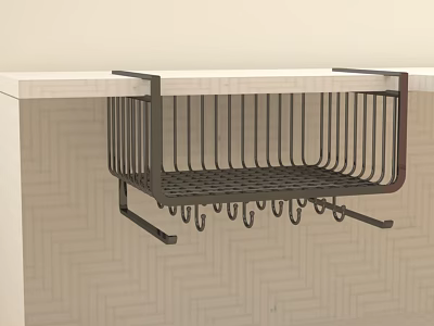 Hanging Metal Storage Shelf With Hooks Under White Counter For Organizing 3d model