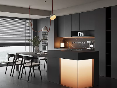 Modern Restaurant Interior With Open Layout Dark Cabinets Island Dining Table And Chairs 3d model