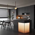 Modern Restaurant Interior With Open Layout Dark Cabinets Island Dining Table And Chairs