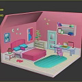 Pink Bedroom Interior With Bed Desk Nightstand Lamp Blue Rug And Moon Star Art