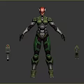 Armored Character In Green And Red Armor With Helmet And Weapons 3D Model Standing Pose