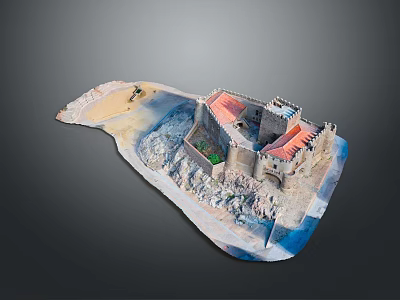 Detailed Castle Model Scene With Red Roof Stone Walls Sand And Rocky Terrain 3d model