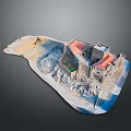 Detailed Castle Model Scene With Red Roof Stone Walls Sand And Rocky Terrain