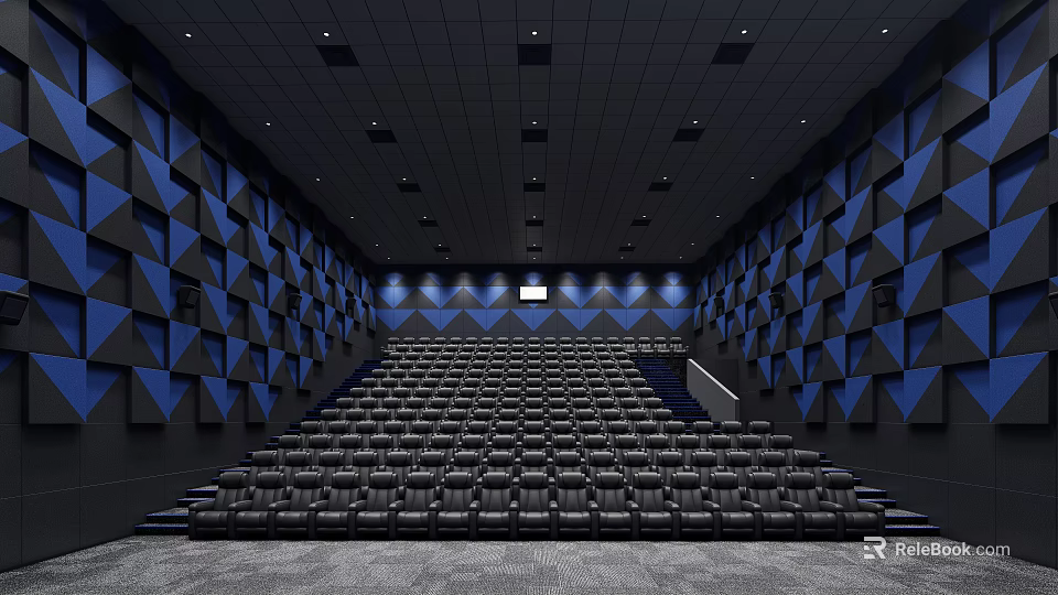 Modern Cinema Interior With Black Seats Blue Geometric Walls And Projection Screen 3d model 
