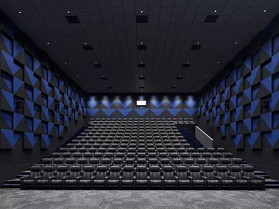 Modern Cinema Interior With Black Seats Blue Geometric Walls And Projection Screen 3d model