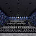 Modern Cinema Interior With Black Seats Blue Geometric Walls And Projection Screen