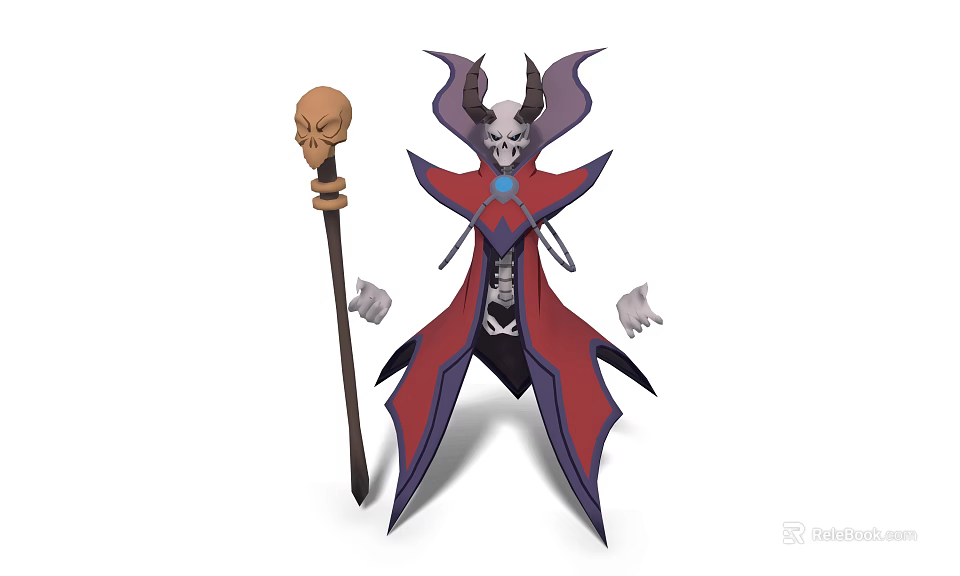 Game Movie Character Design With Skull Staff Demon Horns And Red Purple Cloak 3d model 