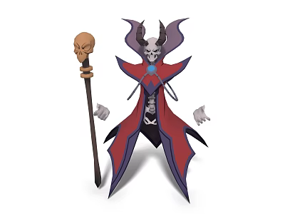 Game Movie Character Design With Skull Staff Demon Horns And Red Purple Cloak 3d model