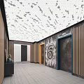 Elevator Hallway With Patterned White Ceiling Wooden Panels And Circular Mosaic Design 3d model