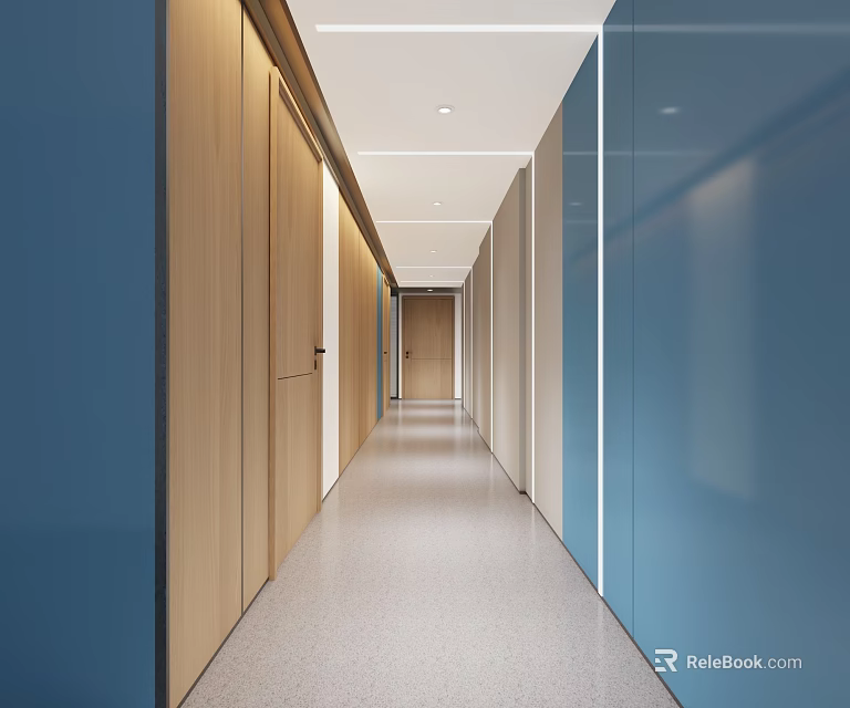Public Office Corridor With Wooden Doors Blue Glass Partitions Gray Flooring And Recessed Lighting 3d model 