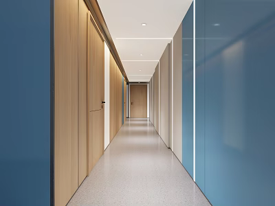Public Office Corridor With Wooden Doors Blue Glass Partitions Gray Flooring And Recessed Lighting 3d model