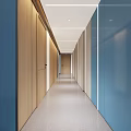 Public Office Corridor With Wooden Doors Blue Glass Partitions Gray Flooring And Recessed Lighting