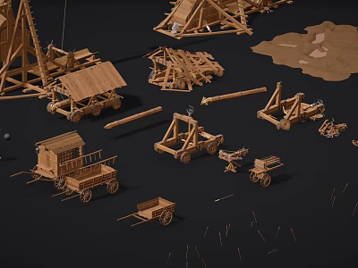 Detailed Ancient Wooden Handcrafted Mechanical Models Featuring Catapults War Carts Siege Engines 3d model