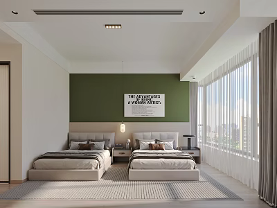 Modern Bedroom Interior Design With Two Double Beds Green Accent Wall Decorative Poster And Large Windows 3d model